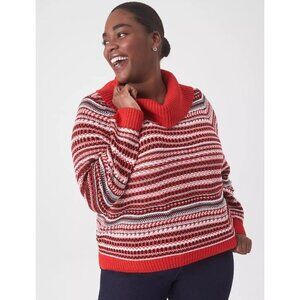 Lane Bryant Red White Stripe Classic Jacquard Cowl Neck Sweater size 10/12